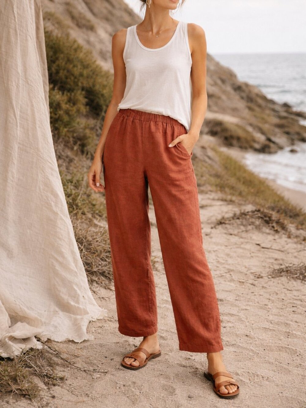Vintage FLAX Linen Pants Petite | 90s S Rust Terracotta | Elastic Waist